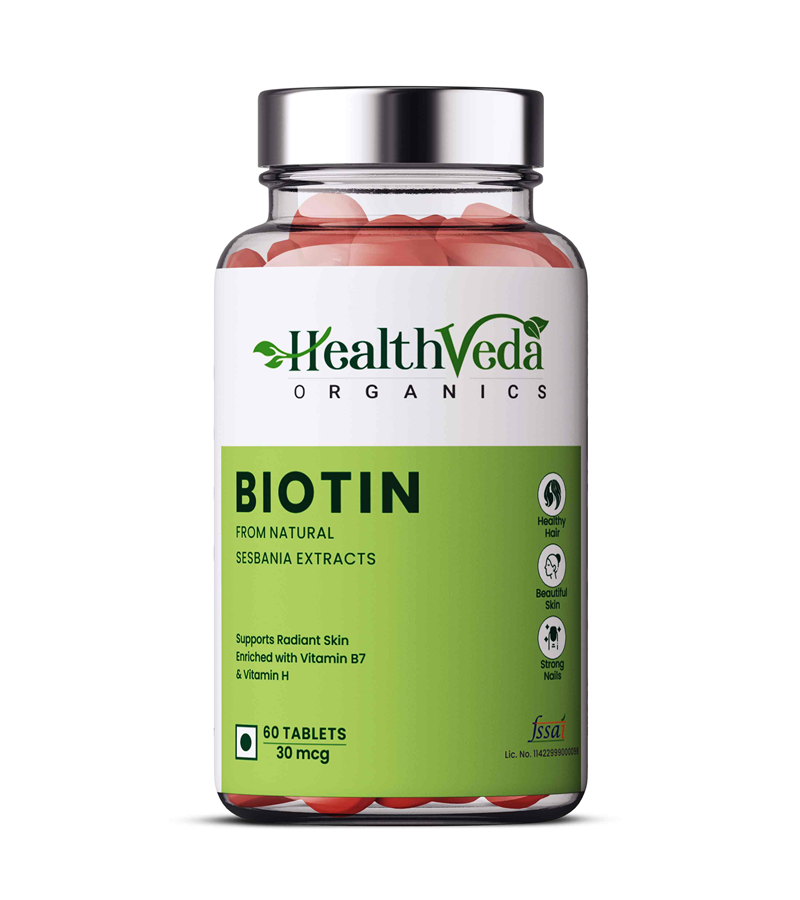 Health Veda Organics Biotin For Healthy Hair, Beautiful Skin, & Nail Growth,  60 Veg Tablets at Rs 299/bottle | प्योर बायोटिन in Indore | ID: 24033131597